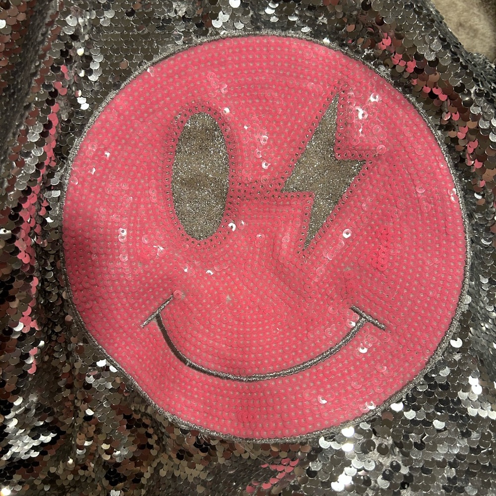 Kids Sequin Smiley Face Patch Jacket in Hot Pink and Silver girls